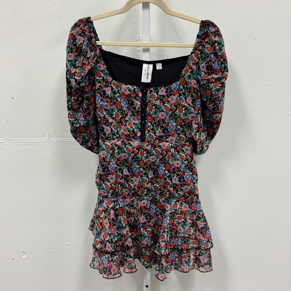 Collusion Floral Puff Sleeve Mini Dress Square Neck Ruffle Hem Multi-Color US 4‎